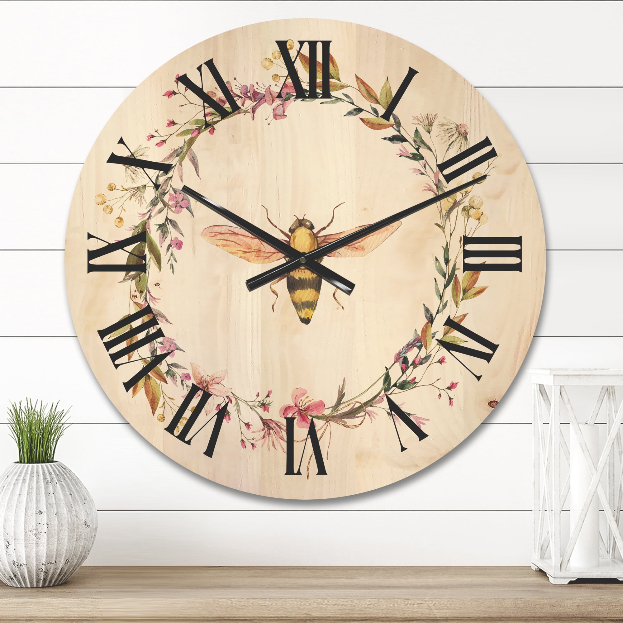 Designart 'Wildflowers Wreath and A Bee' Farmhouse Wood Wall Clock