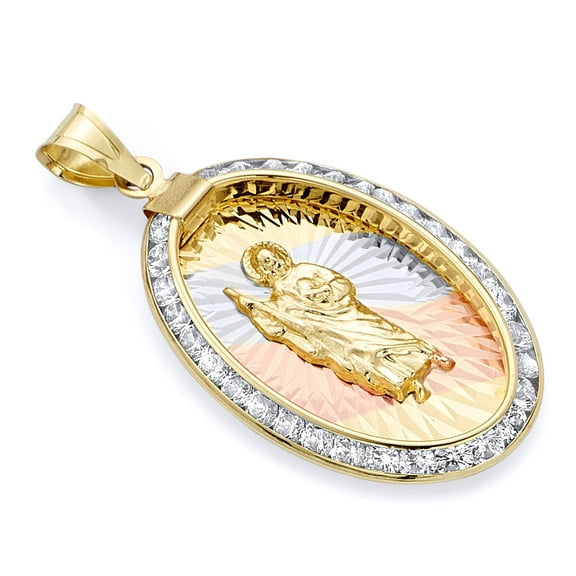 Wellingsale 14k 3 Tri Color White Yellow and Rose Gold CZ Cubic Zirconia San Judas Medal Pendant (Size : 30 x 15 mm)
