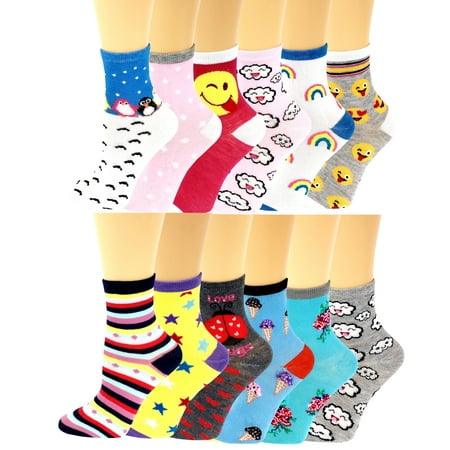 

12 Pairs Pack Kids Girls Colorful Creative Fun Novelty Design Crew Socks