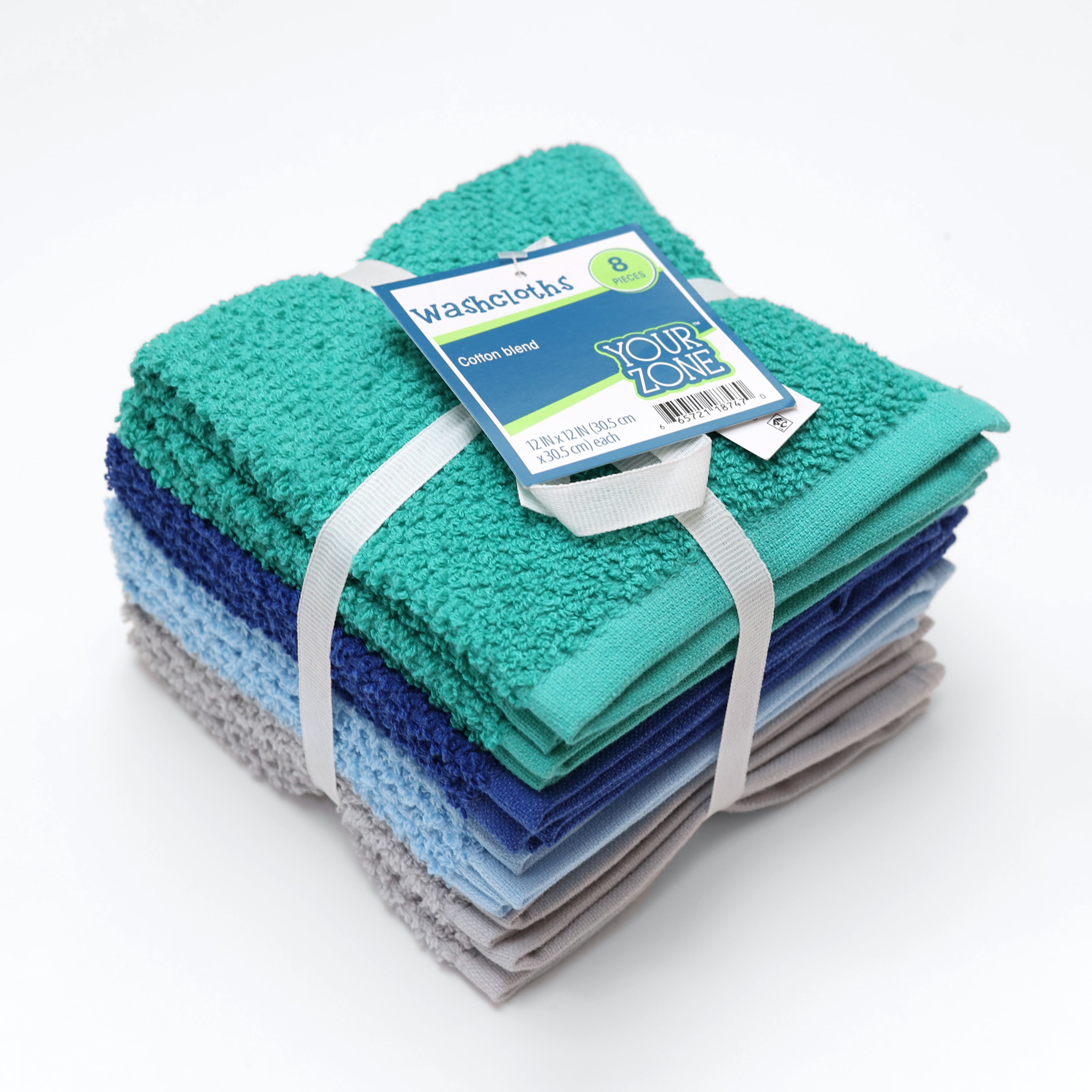 Your Zone Kids Washcloths, 8 Pack, 90% Cotton/10% Polyester, Blue, Teal and Gray