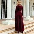 thumbnail image 6 of Women'S Elegant Velvet Belted Pleated Long Sleeve Party Formal Wedding Guest A-Line Maxi Long Dress Dark Red L, 6 of 7