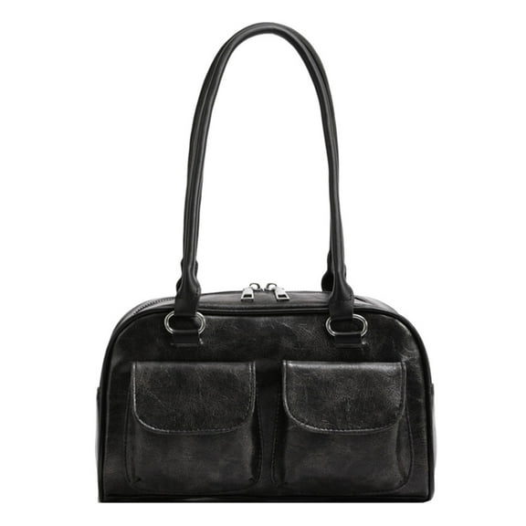 Women Chic Hobo Bag Double Pocket PU Large Capacity Retro Handbag (Black) Shoulder Bags for Women