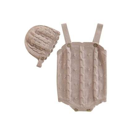 

Baby Girls Sleeveless Cable Knit Tank Romper + Beanie Hat Set 2PCS Fall Winter Outfits