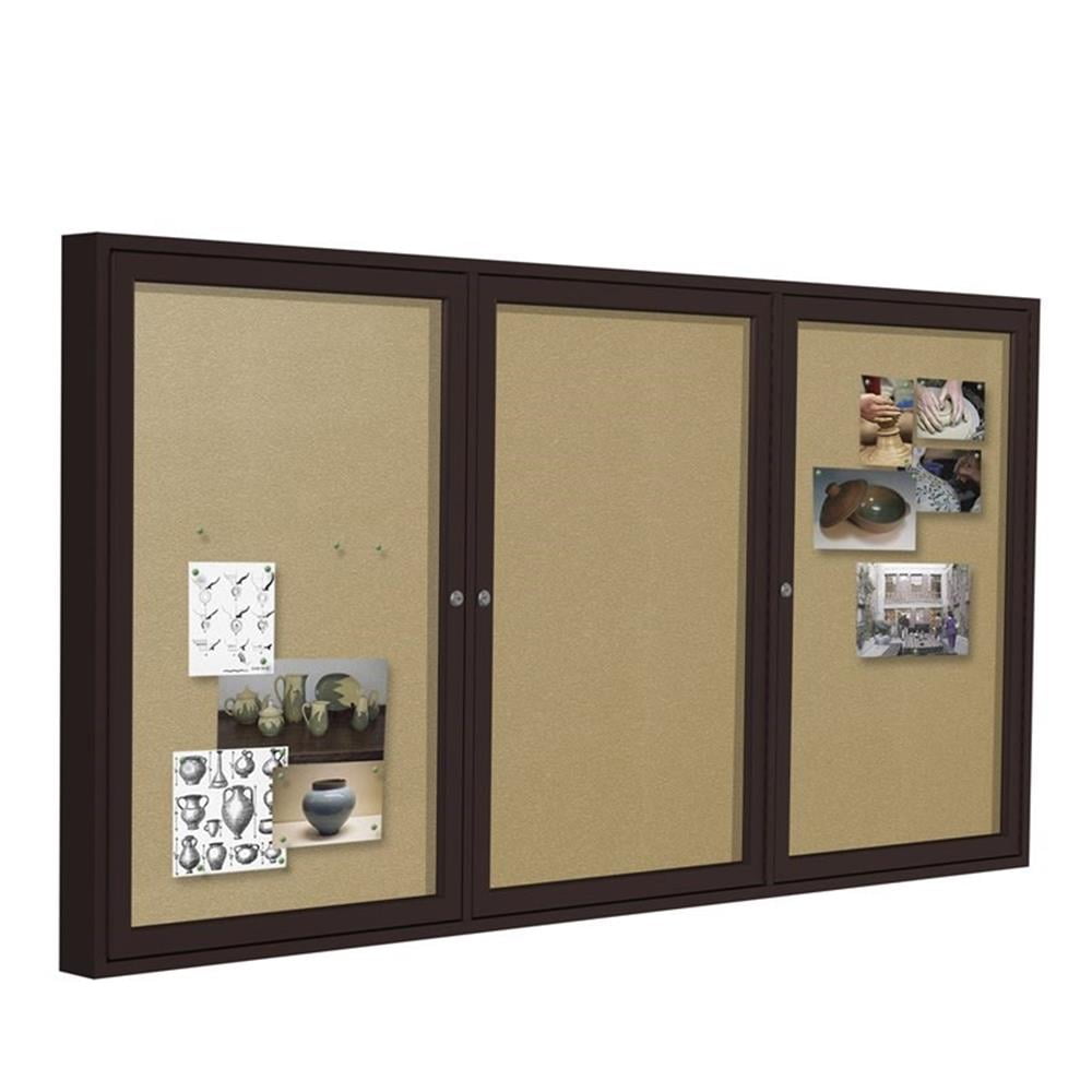 Pemberly Row Vinyl 48"x96" 3 Door Enclosed Bulletin Board in Caramel