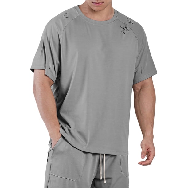 Hombres Rasgados Casual Top, Moda Manga Corta Cuello Redondo Deportes Tee para la Playa Y la Fiesta, Suave Poliéster Desgarrado Blusa