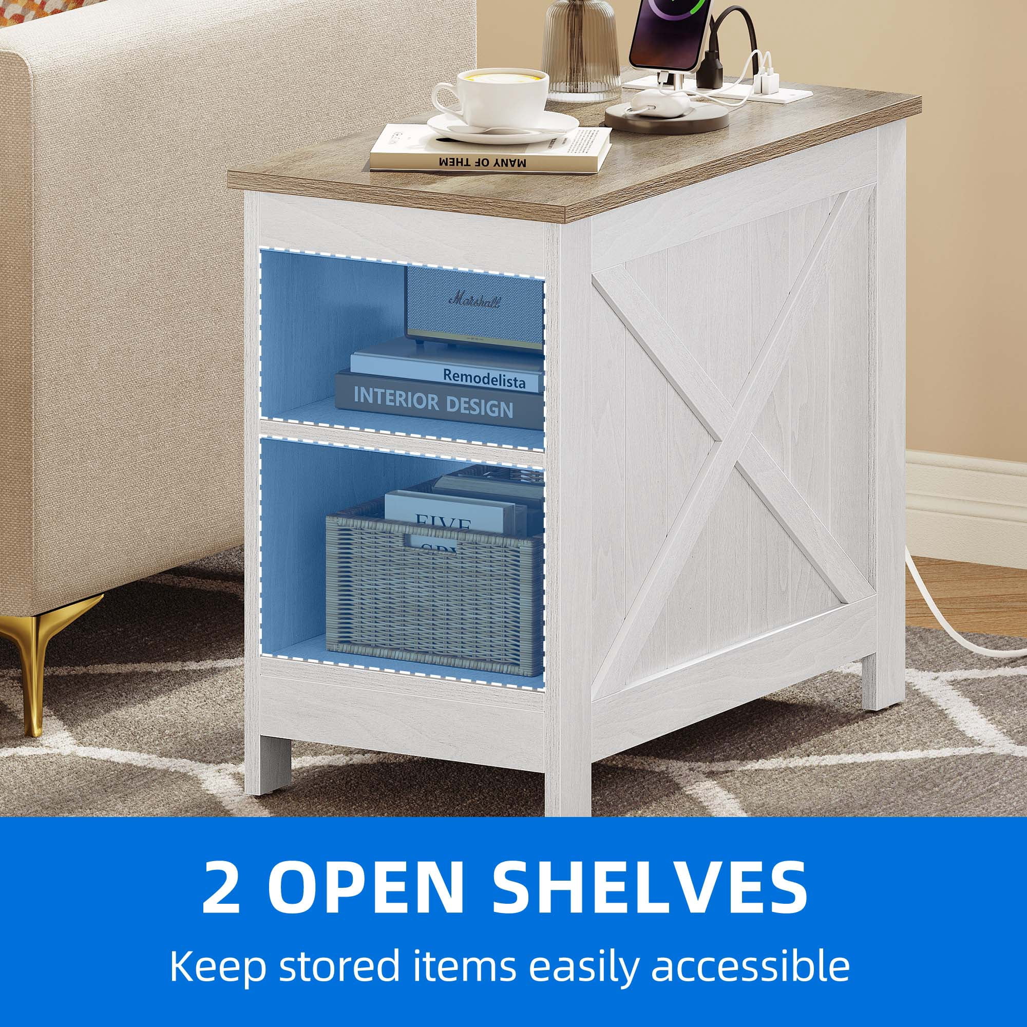 Uforic Farmhouse Nightstands Set of 2, End Table Side Table with Storage & Charging Station, White