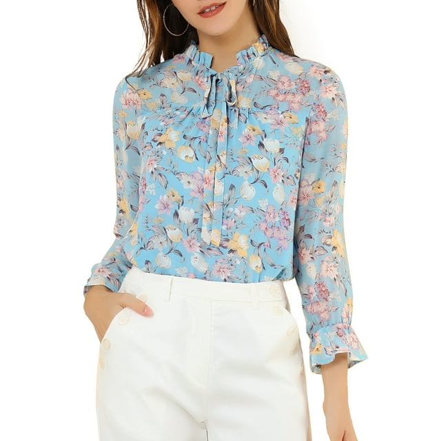 INSPIRE CHIC Haut de Loisirs à Manches Longues pour Femmes avec Col à Nouer, Col à Volants et Imprimé Floral