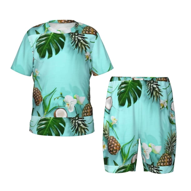 Balery Tropical Pineapple Conjunto de Pijama Infantil de Manga Corta con Estampado – Ropa de Dormir de Algodón Suave-X-Large