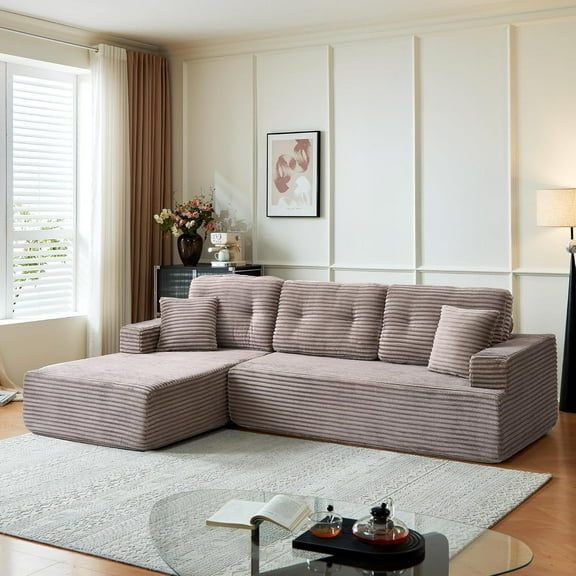Modular Sectional Sofa,Oversized sectional Cloud Couch with Deep Seat, L-Shape Sofa with Chaise, Sofa in A Box, Boneless Couch for Living Room, Corduroy Upholstered, Brown Gray-Right-Facing Chaise