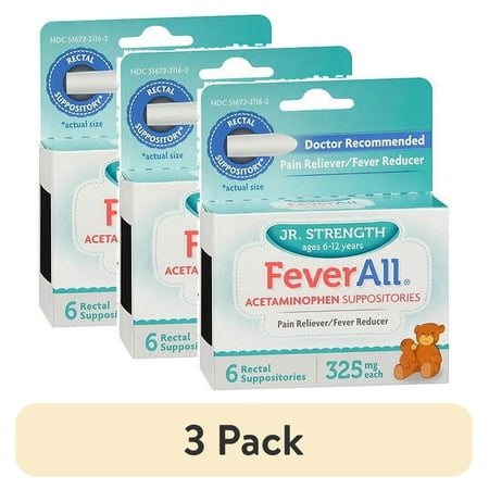 (3 pack) Feverall Children Acetaminophen Suppositories 6 Rectal Suppositories 325mg Each Pain Reliever/Fever Reducer. Paraben Free, No Artificial Colors or Other preservatives. Ages 6-12 Years
