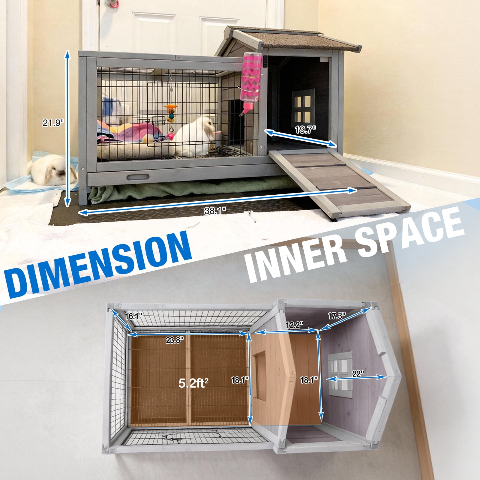 Suumerpety Rabbit Hutch Indoor Rabbit Cage Outdoor Bunny House with Wheels,No Leak Pull Out Tray
