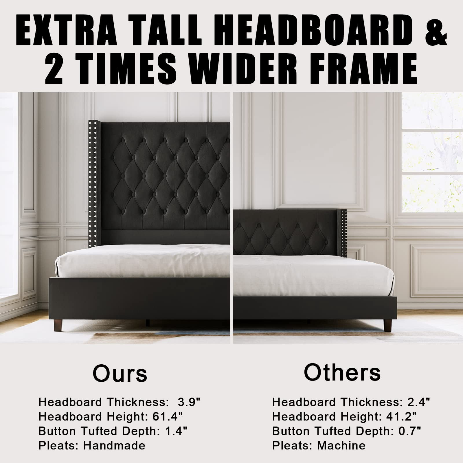VanAcc Queen Platform Bed Frame 61.4" Handmade Headboard Velvet Tall Upholstered Bed Deep Button Tufted/Wood Slat Support/Easy Assembly/Black