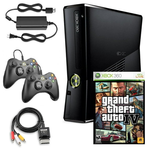 Restored Xbox 360 S 250GB Game Console Black with GTA IV and 2 Retrofam Black Controllers (Refurbished)