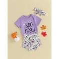 thumbnail image 3 of Cenuakty Baby Girls Halloween Clothes Letter Print Short Sleeve Romper and Shorts Cute Headband Summer Outfits, 3 of 8