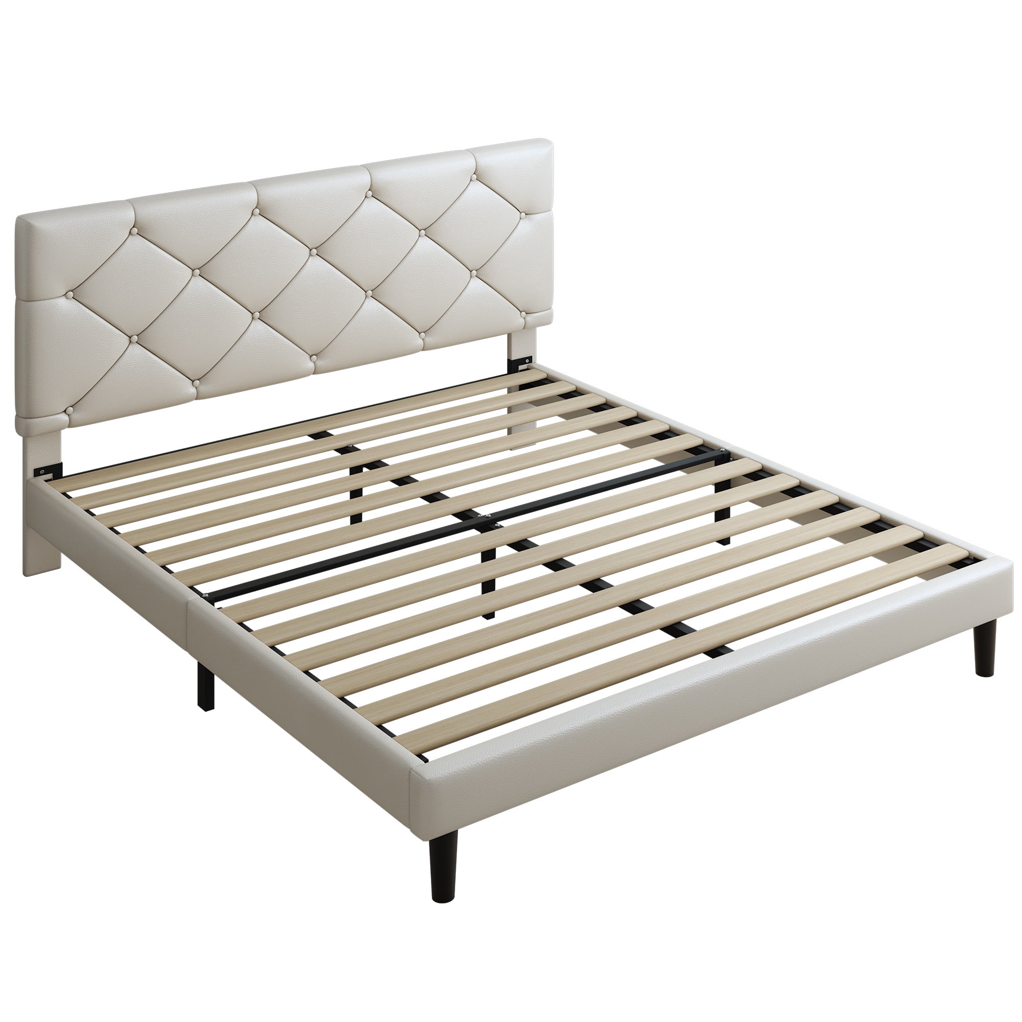 Queen Bed Frame with Upholstered Faux Leather Headboard, UHOMEPRO Platform Bed Frame with Wood Slat Support, No Box Spring Needed, Beige