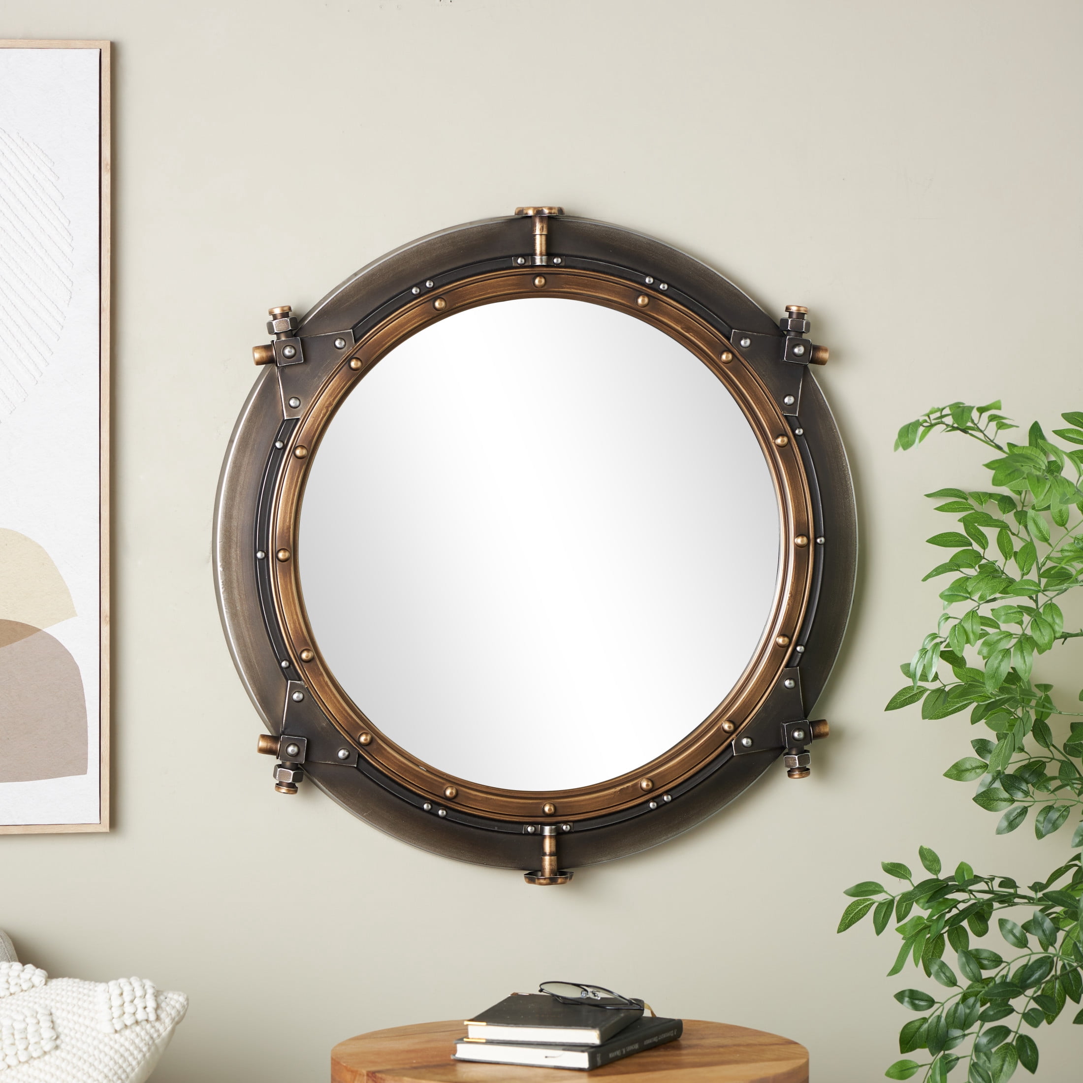 DecMode 31" x 31" Brass Gear Wall Mirror with Gold Inner Rim and Silver Accents