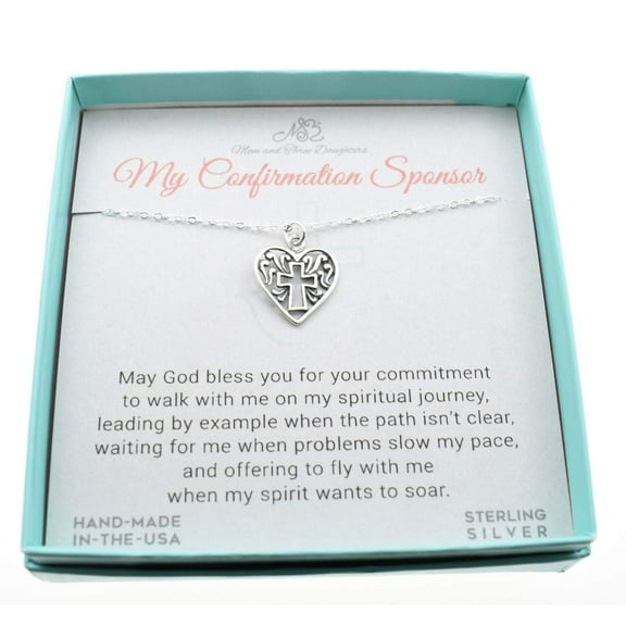 Confirmation Sponsor Gift for Women. Cross in Heart Charm Necklace on an 18 inch Sterling Silver Cable Chain.