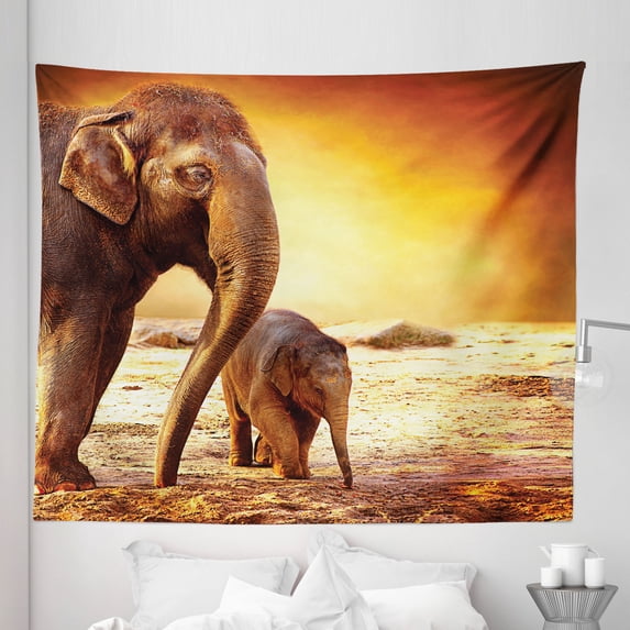 Zoo Tapestry, Mother and Family in Kenya Safari Landscape Environment, Fabric Wall Hanging Decor for Bedroom Living Room Dorm, 5 Sizes, Dark Orange Orange, by Ambesonne