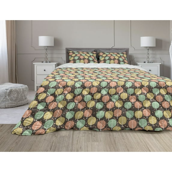 Autumn Comforter & Sham Bedding Set, Pattern of Different Colored Abstract Designed Trees with Fallen Leaves, 3 pcs Duvet Set Microfiber Filling Quilt, 5 Sizes, Taupe Multicolor, by Ambesonne