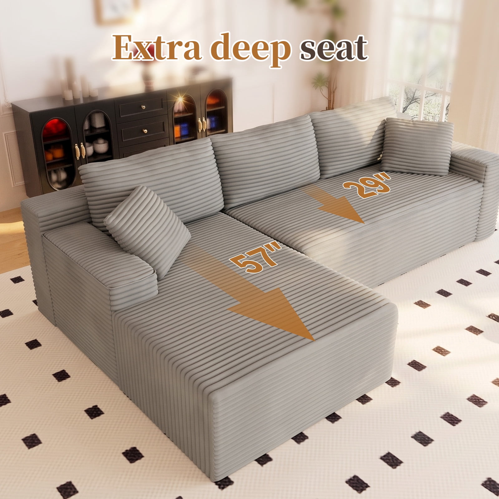 Lunale 105" Modular L-Shaped Sectional Sofa, Boneless Cloud Couch, No Assembly Required, Modern Deep Seat Corduroy Sofa for Living Room, Light Grey (Left Facing Chaise)
