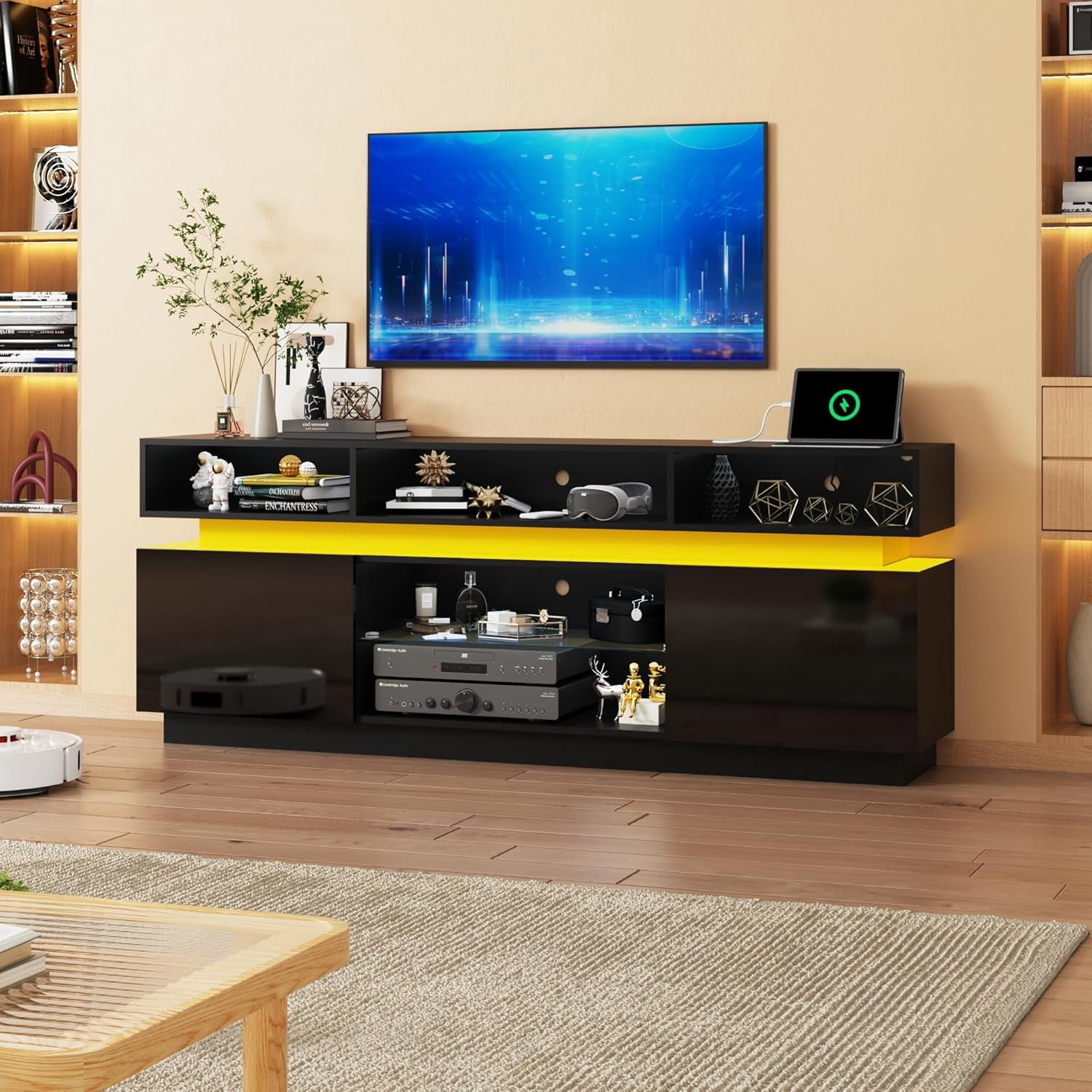 ChVans LED TV Stand for up to 70" TVs with Power Outlet, Modern Tall Entertainment Center with Storage, High Gloss Gaming TV Media Console with 2 Storage Cabinets for Living Room, Bed Room