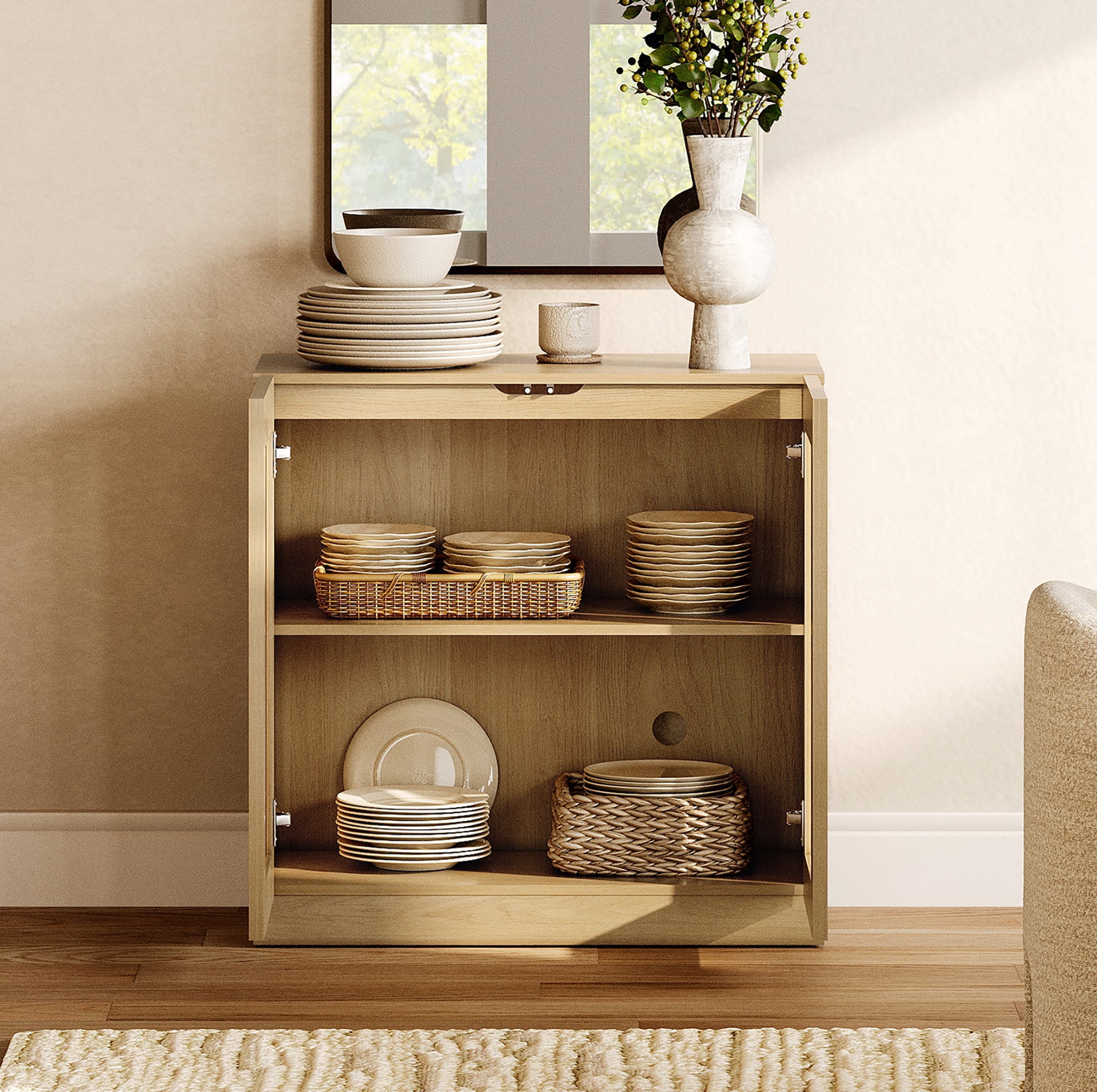 31.5" Modern Sideboard Buffet Cabinet with 2 Glass Doors, Multifunctional Sideboard with Large Storage and Adjustable Shelf, Oak