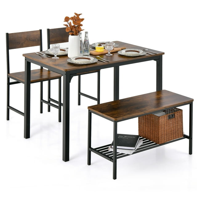 Costway Ensemble de Salle à Manger 4 Pcs Bureau Rustique 2 Chaises et Banc avec Étagère de Rangement Brun