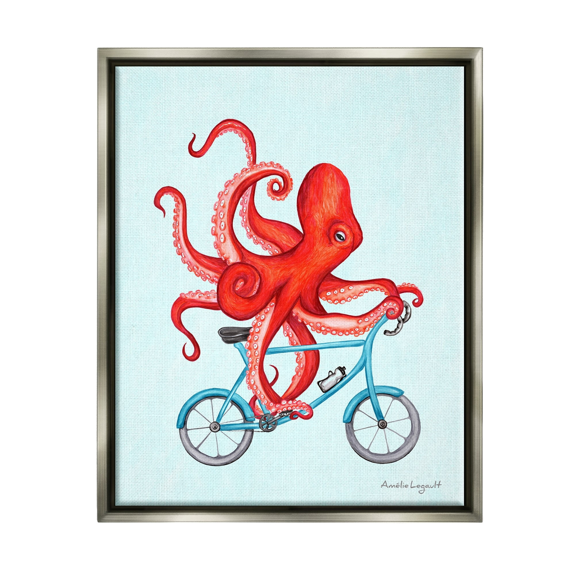Stupell Industries Red Octopus Tentacles Riding Blue Bike Bicycle Graphic Art Luster Gray Floating Framed Canvas Print Wall Art, Design by Amelie Legault