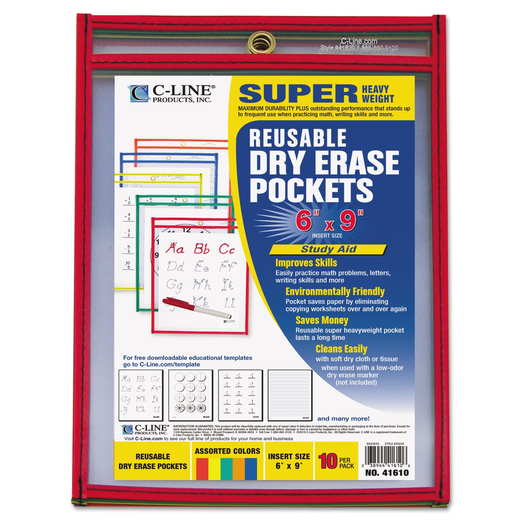 CLine Reusable Dry Erase Pockets, 6 x 9, Assorted Primary Colors, 10