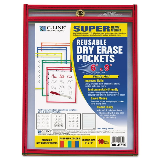 CLine Reusable Dry Erase Pockets, 6 x 9, Assorted Primary Colors, 10