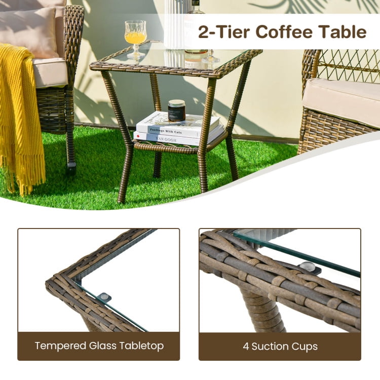 Aimee Lii 3 Pieces Outdoor Hand-Woven PE Rattan Conversation Set with Tempered Glass Coffee Table, Patio Sectional Furniture Set, Beige