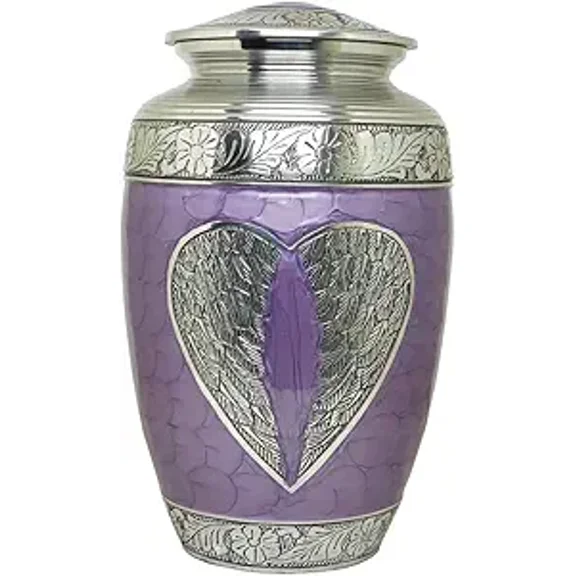 Ample Cremation Urn-Handcrafted Purple Urn with Silver Wing Finish (Size=11x7 IN)