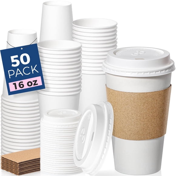 Fit Meal Prep 50 Pack 16 oz Disposable Coffee Cups with Lids, Sleeves, Leak-Proof To Go Coffee Cups with Lids, Durable Hot Paper Cups for H