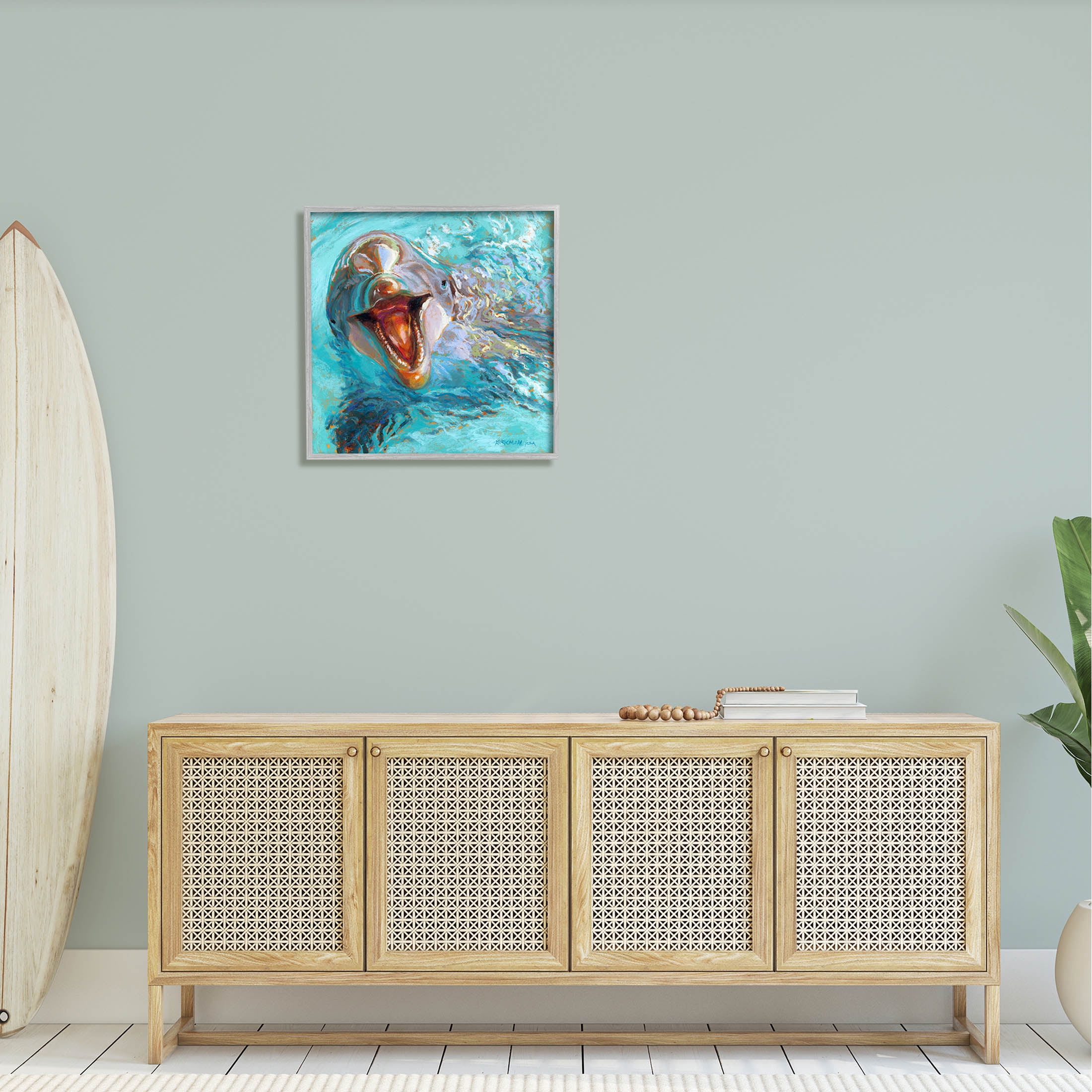 Smiling Dolphin Water Splash Animals & Insects Painting Gray Framed Art Print Wall Art