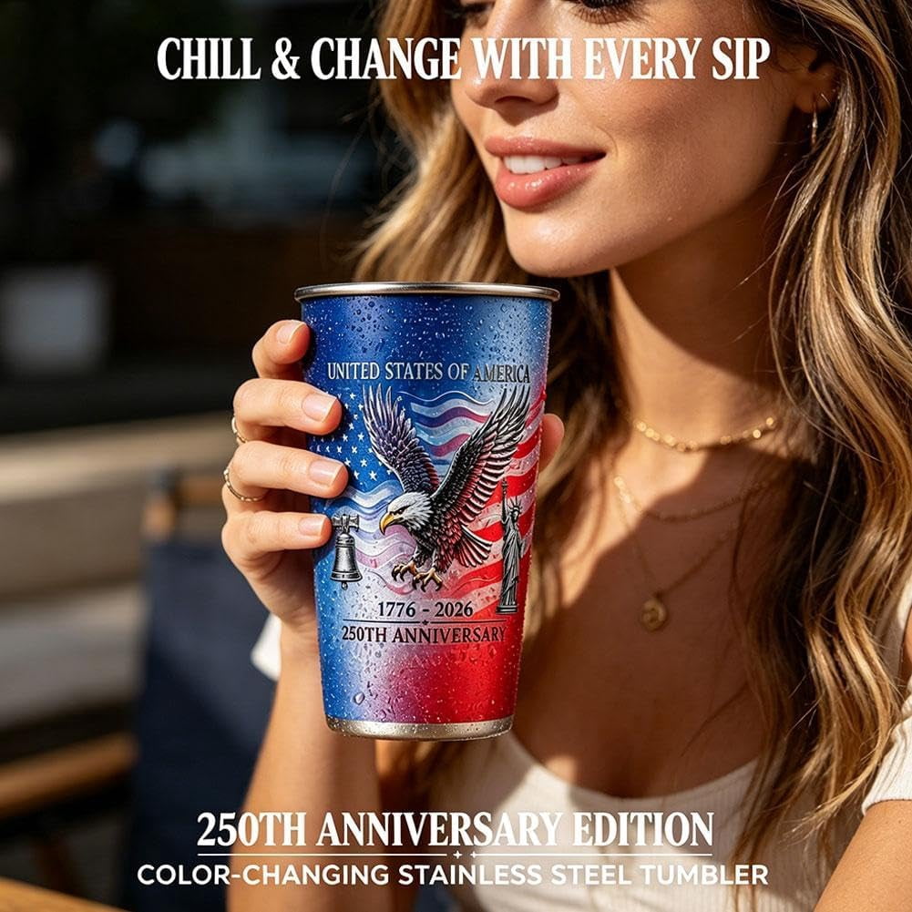 Patriotic Color Changing Cups, 250th Anniversary USA Stainless Steel Tumbler 16.9 oz, Cold Activated Red White Blue Reusable Drinking Mug