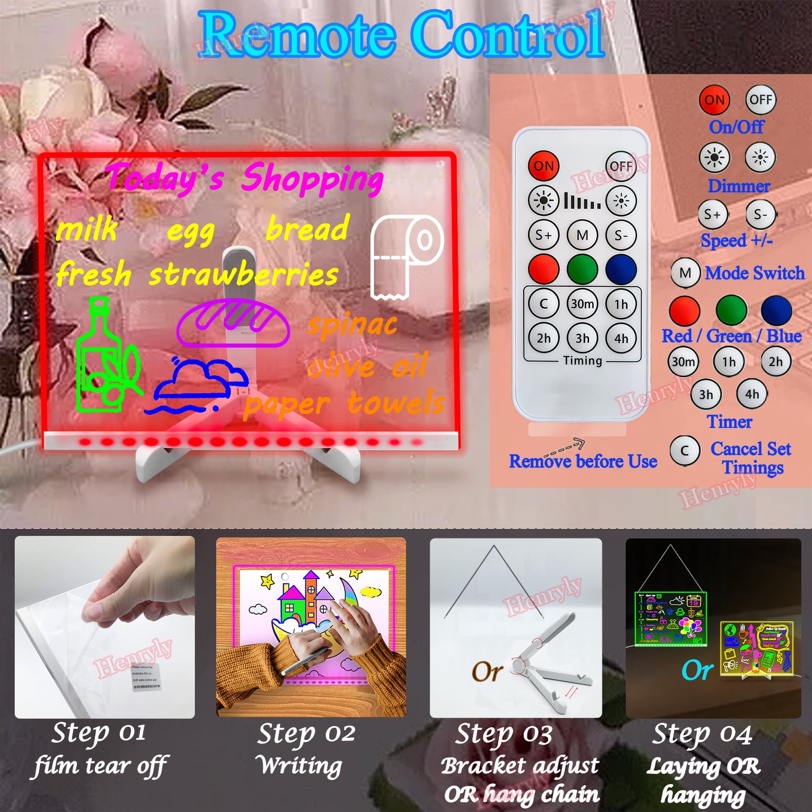 11.8 X 7.9 Inchs 7 Colors Change Acrylic Dry Erase Board, Light up LED Note Board To Do List Desktop Clear Memo Note Board with Remote Control, Glowing Letter Message Drawing Menu Boards