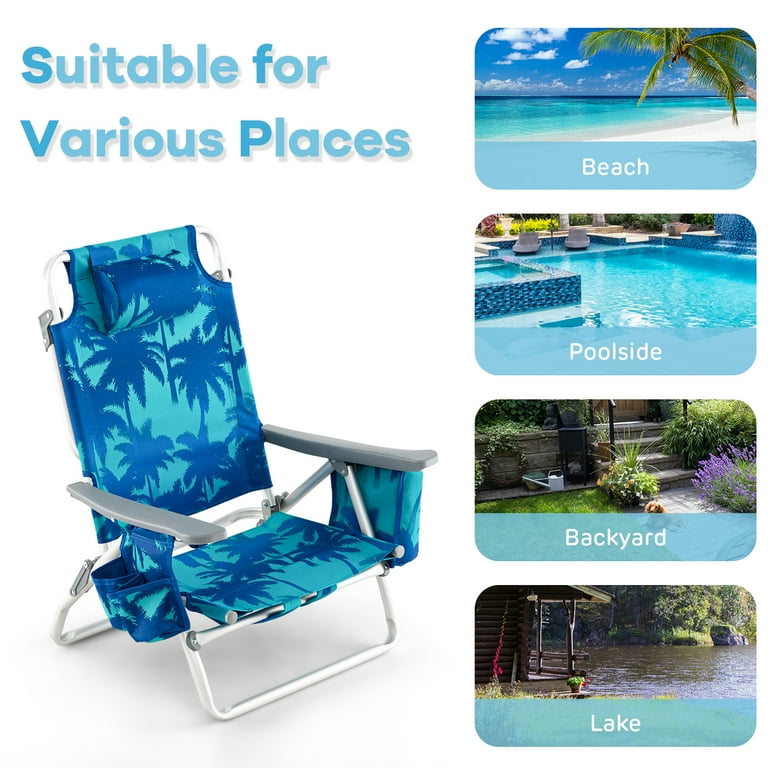 Gymax 2-Pack Folding Backpack Beach Chair Table Set 5-Position