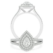 3/4 Carat IGL Certified Diamond 10K White Gold Double Halo Pear Shape Engagement Ring (H-I Color, I2-I3 Clarity)
