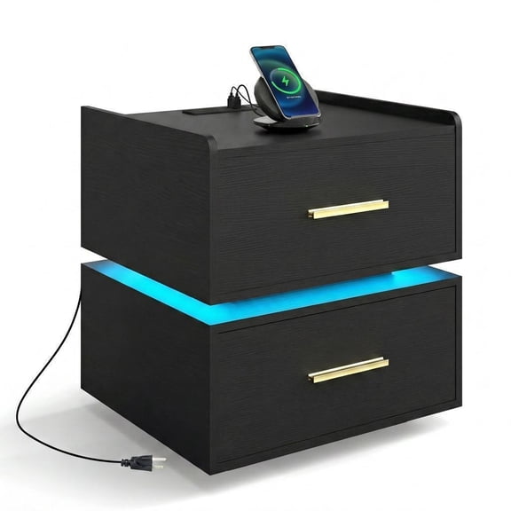 Giantex LED Nightstand w/Charging Station, Modern Bedside Table for Home, Black
