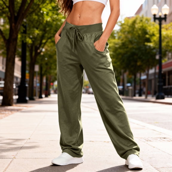 Zedker Summer Elastic Waist Straight-Leg Loungewear Pants for Women Loose Drawstring Comfy Breathable Long Pants with Pockets,Army Green,L