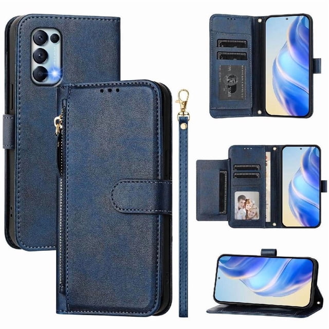 Filp Case for OPPO Reno 5 Zipper Pocket Magnetic Flip Wallet Phone Case with 7 Card Slots and Wrist Strap