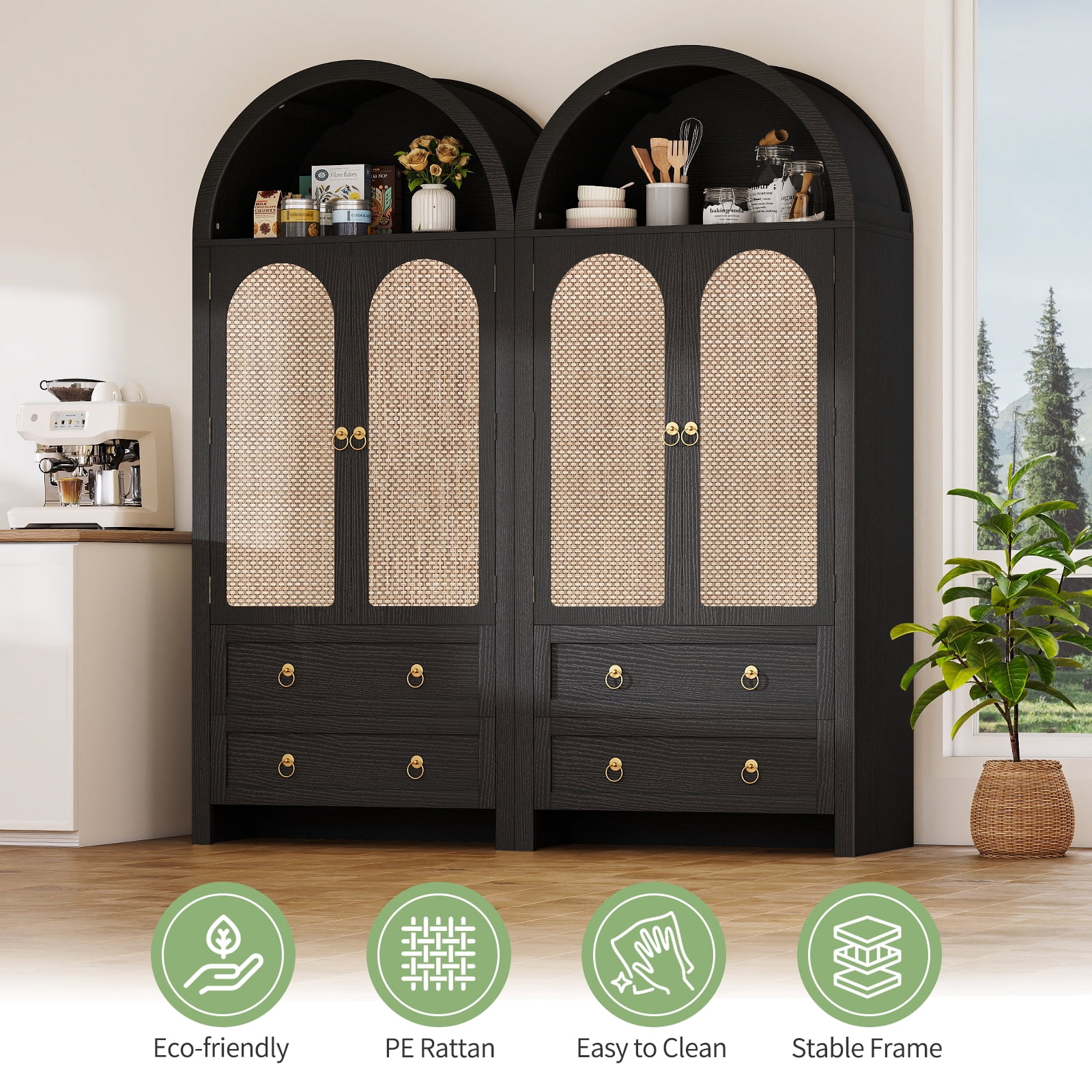 71" Tall Arched Kitchen Pantry Storage Cabinet with Rattan Doors,Wood Pantry Cabinet with 2 Drawers and 6 Shelves for Dining Room, Living Room,Black