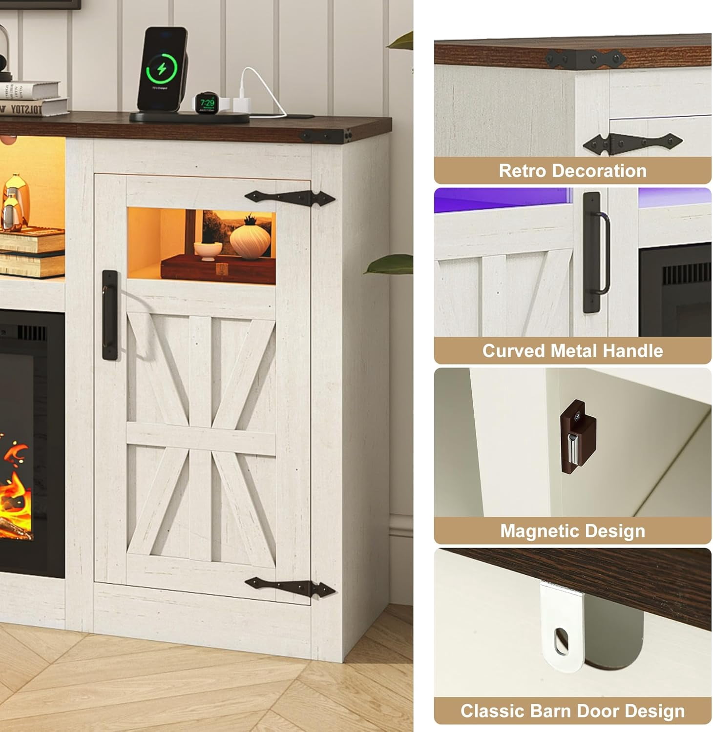 Blotout 95" Fireplace TV Stand for TVs up to 100" with 60" Electric Fireplace, Large Farmhous Media Entertainment Center w/LED Lights/Power Outlets & Barn Doors Storage Cabinet for Living Room,White