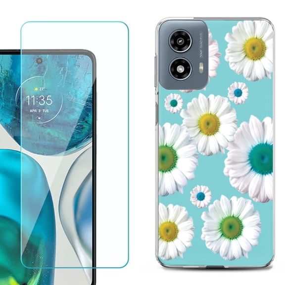 OneToughShield ® Shockproof Phone Case Compatible with Motorola Moto G Power 5G 2024, with Tempered Glass Screen Protector - Daisy/Teal