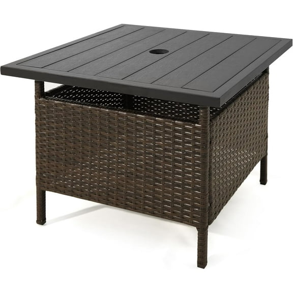 QISHENSHUI Outdoor Wicker Table, Rattan Coffee Table with Umbrella Insert Hole, HDPE Tabletop & Sturdy Metal Frame, Patio Umbrella Side Table Stand for Backyard, Garden, Poolside