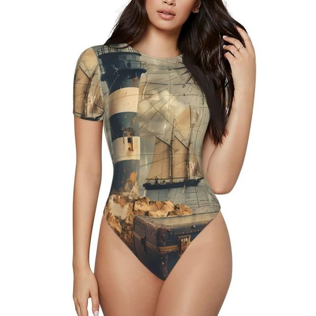 Fotbe Vintage Nautical Lighthouse Body de Mujer con Cuello Redondo y Mangas Cortas, Sin Mangas Ajustado, Suave, Cómodo y Básico-X-Large