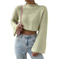 thumbnail image 2 of Wutalume Women's Solid Color Casual Bell Sleeve Knitted Short Sweater, Versatile Flared Sleeve Top, Lightweight Pullover for Transitional Seasons,Light Green S, 2 of 8