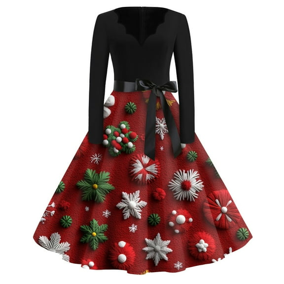 Women's Christmas Flare Dress Long Sleeve V-Neck Retro Party Casual Dress with Snowflake, Christmas Tree, Snowman Print, Hollow Out Design for Holiday, Merry Christmas,Green,2XL