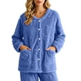 thumbnail image 5 of Women's Sleepwear Cardigan, Fleece Long Sleeve Button Front Jacket with Pockets, Warm Lounge Sleep Top, Cozy Home Indoor Wear | VerBelle,Blue L, 5 of 9