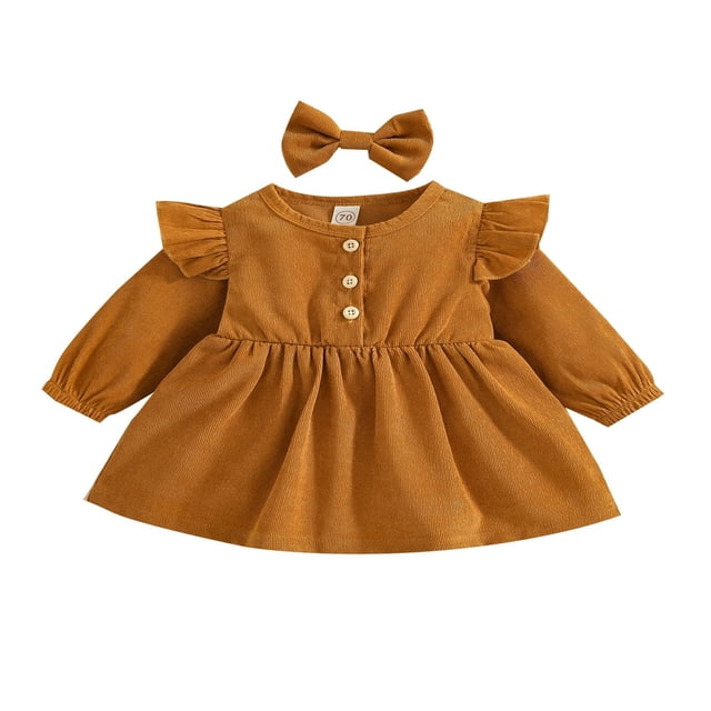 PENGXIANG Robe Princesse pour Bébé Fille Automne 2 Pcs Manches Longues à Volants Bouton Velours Côtelé Robe Trapèze Bandeau Rouge Vin 2-3 Ans